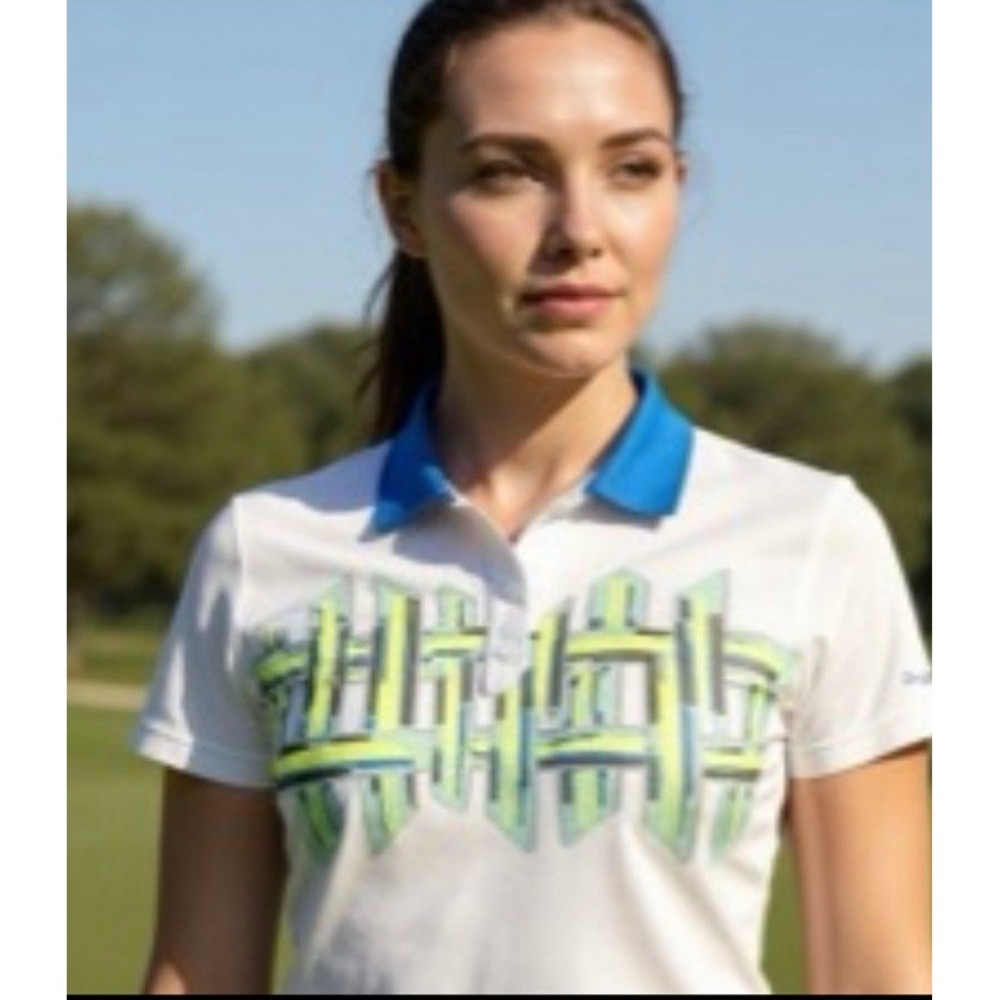 Adidas Shirt Women's Sz Large L White Blue Yellow Polo Short Sleeve Golf Active